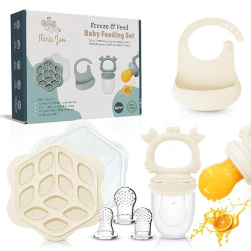 Baby Fruit Feeder & Teether Set – 3-in-1 Food Pacifier, Breastmilk Popsicle Tray & Adjustable Bib – 3 Pacifier Sizes – BPA-Free, Premium Quality