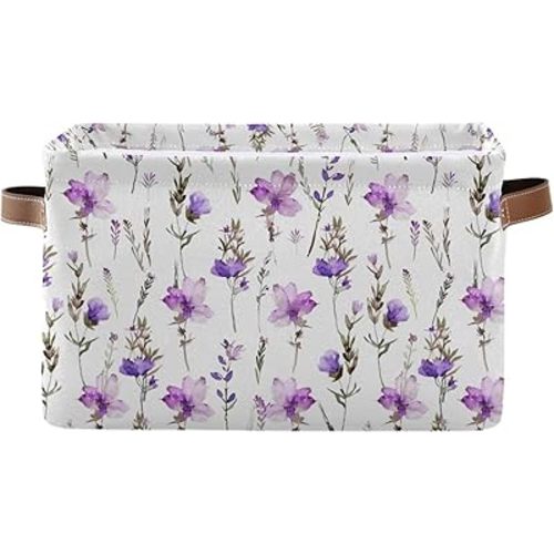 Purple Flowers Storage Basket Canvas Fabric Collapsible Storage Bins Box Organizer Waterproof for Home Bedrooms 1 Pack