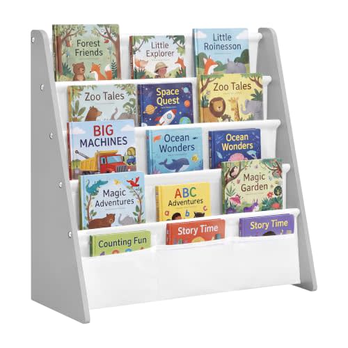 SONGMICS Kids Bookshelf, 4-Tier Toddler Bookcase, 24.6 x 9.8 x 23.6 Inch | Montessori Book display Rack, Child-Friendly Fabric Organizer for Playroom, Dove Gray and White, TEZA Collection UGKR079GD01