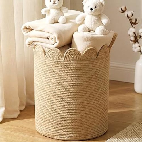 LemonRoad Brown Round Tall Basket Large Blanket Basket 15" L X 15" W X 19.7" H Scalloped Woven Baskets Cotton Storage Baskets for Nursery Classroom Closet Blankets Storage Home Decor