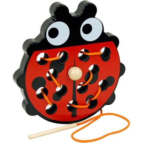 Sealive Wooden Lacing Toys for Toddlers - Fun Learning Activity for Preschoolers | Develop Fine Motor Skills | Durable Montessori Toy for Travel (Ladybug)