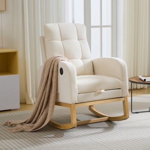 Nursery Rocking Chair - Linen/Teddy Upholstered Glider Rocker with Side Pocket, Footrest, High Back Nursing Chair, Modern Accent Armchair