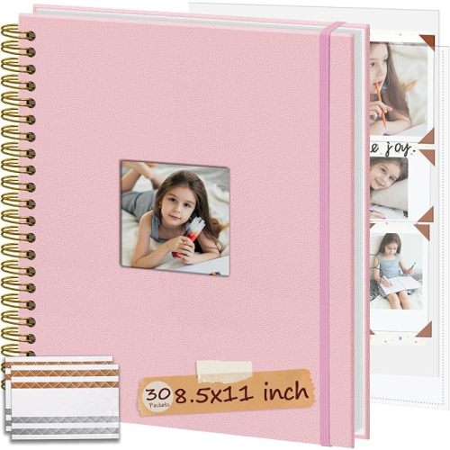 Linen Memory Book 8.5x11 in, Window Cover 30 Sleeves Pink