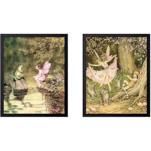 Poster Master 2-Piece Vintage Fairytale Poster - Fairy Dancing In The Forest With Rabbits And Piper Print - Mythical Art - Fairy And Frog Art - Living Room or Bedroom Decor - 24x32 UNFRAMED Wall Art