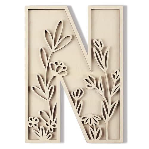 Layered 12 Inch Large Wooden Letters N for Wall Decor Nursery Name Signs | Unfinished Paintable Wood Alphabet Letter for Boho Flowered Nursery Birthday Wedding Home Decoration DIY Wood Crafts Decor