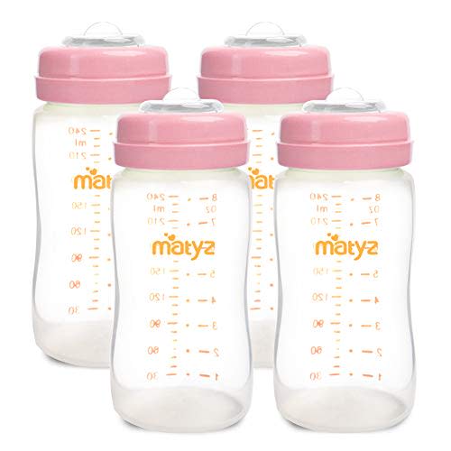 Matyz 4-PACK Breast Milk Collection And Storage Bottles (Pink, 8oz Each) - No BPA Breastmilk Storage Containers With Lids - Pumping Storage Bottles For Philips Avent Medela Spectra Breast Pumps