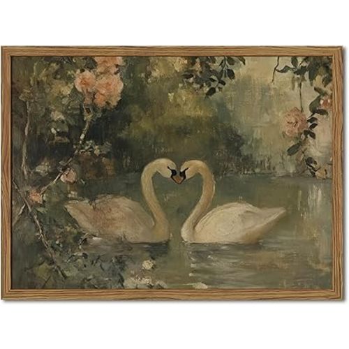 Framed Vintage Swan wall art, Rustic Romantic White Swan Pictures Wall Decor, Cottagecore Farmhouse Animal Paintings Canvas Prints Aesthetic Home Decor for Living Room Bedroom Bathroom 16x24inch