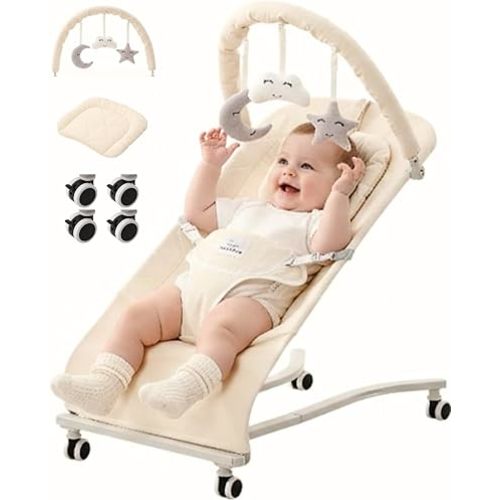 Cuddobaby Baby Bouncer on Wheels |100% Cotton, Head Support Cushion| Soft Plushies, 3-Level Adjustable Bouncer Seat for Babies 0-12 Months, Bouncy Chair up to 20Lbs, Baby Shower - Oat