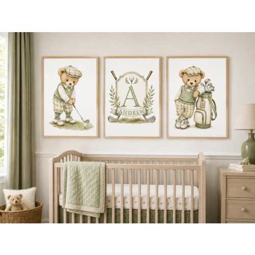 Personalized Golf Nursery Wall Art Set of 3, Sage Green Teddy Bear Golf Prints, Custom Name Monogram, Baby Boy Nursery Decor