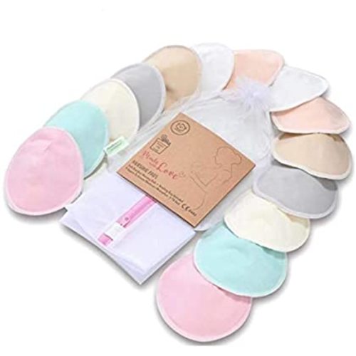 Organic Bamboo Nursing Breast Pads - 14 Washable Pads + Wash Bag - Breastfeeding Nipple Pad for Maternity - Reusable Nipplecovers for Breast Feeding (Pastel Touch, X-Large 5.5")