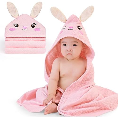 FIOBEE Hooded Baby Towels 100% Muslin Baby Bath Towels for Newborn with Animal Design Ultra-Soft and Absorbent Bath Essentials for Toddler, Unisex Girls Boys 30 x 30 inch, Pink Bunny