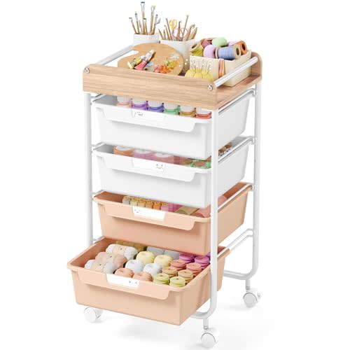 SYKIARIOL Rolling Craft Storage Cart with 4 Drawers,Kids Art Cart,Pearl | Utility Cart with Drawers,Art Craft Organizers and Storage,Kids Craft Cart With DIY Lable and Wooden Tabletop Area