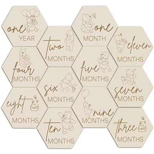 Winnie Baby Announcement Sign Newborn Sign Wooden Hexagon Announcement Sign For Photo Prop Baby Shower Nursery Gift（12PCS）