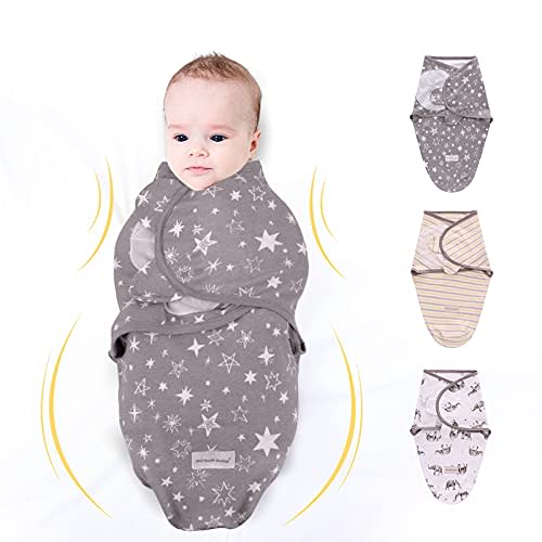 3 Pack Newborn Swaddle Blanket Adjustable Wrap Receiving Blanket Baby 100% Cotton Sleep Bag (0-3 Months, Elephant + Star + Yellow Stripe)