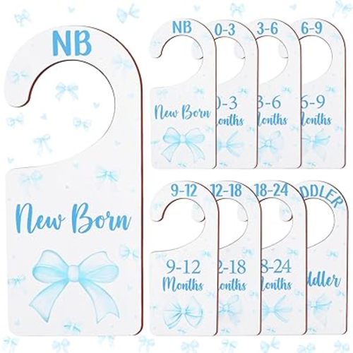 Baby Closet Dividers 8PCS, Blue Bow Themed Wooden Double-Sided Clothes Size Hanger Organizer from Newborn to Toddler for Nursery Decor Baby Shower Birthday Gift