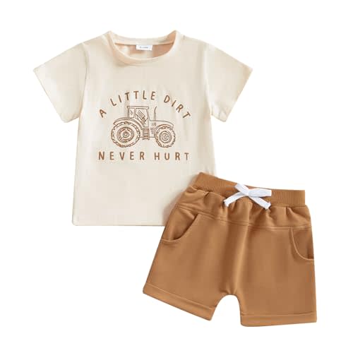 fhutpw Toddler Baby Boy Summer Clothes Tractor Letter Short Sleeve T-Shirt Tops Pockets Casual Shorts Set Infant Outfits