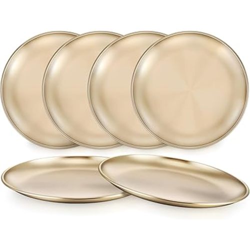 TeamFar Kids Plates, 6 PCS Stainless Steel Baby Dinner Plates Set, 8 Inch Toddler Metal Dishes, Unbreakable Dishes for Camping Serving Party, Non Toxic, Matte Finished & Dishwasher Safe, Gold