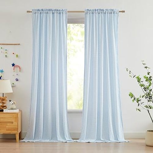 ZJDECOR 84 Inches Blue White Buffalo Plaid Rustic Curtains for Living Room