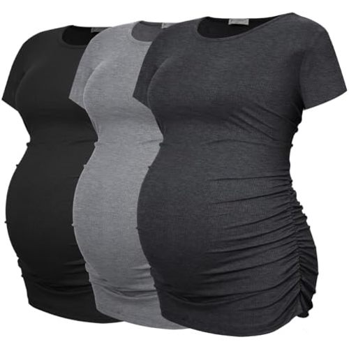 Smallshow Women's Maternity Shirts Ribbed Ruched Pregnancy Clothes Tops 3 Packs