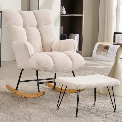 Nursery Glider Rocking Chair with Ottoman, Upholstered Teddy Glider Rocker for Nursery, 2pcs/Set Rocking Reading Chair, White Glider Chair for Bedroom, Nursing, Living Room(White)
