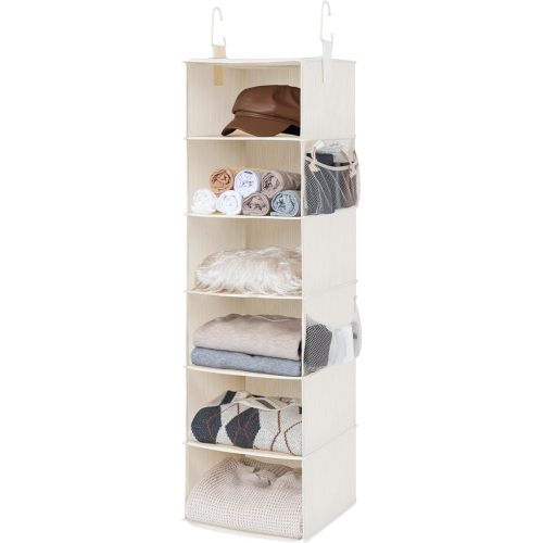 StorageWorks 6-Shelf Hanging Closet Organizer, Hanging Shelves for Closet, Fabric, Mixing of Beige, White & Ivory, 12" D x 12" W x 47 1⁄2" H