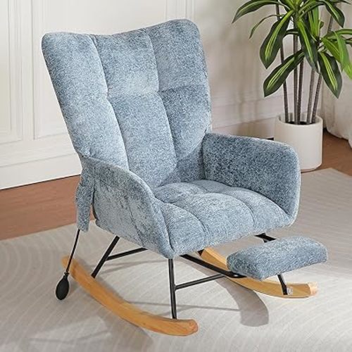 Rocking Chair Nursery with Airbag, Comfy Modern Nursery Rocking Reading Chair Indoor with Footrest, Cozy Upholstered Glider Rocker Chairs for Living Room Bedroom Offices, (Chenille, Blue)