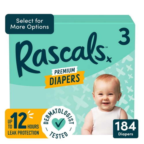 Rascals Premium Absorbent Baby Diapers Size 3, 184 Count (Select for More Options)