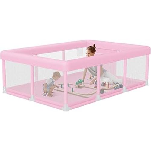 Baby Playpen 74"x50" PlayPen for Babies and Toddlers Pink, Large Play Yards for Indoor & Outdoor with Zipper Gates