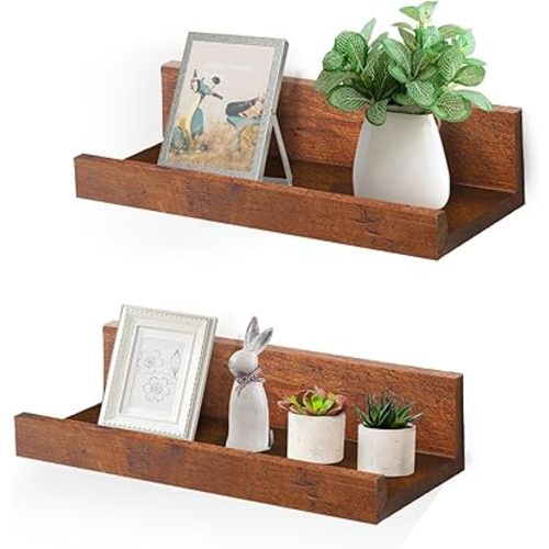 Muzilife 12" Small Floating Wall Ledge Shelves with Lip - Set of 2 Wood Floating Shelves - Honey Brown Wall Mounted Picture Ledge for Office, Bathroom, Bedroom, Living Room, Kitchen