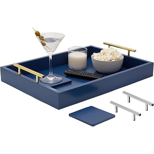 Juvale Coffee Table Tray - 15.7 x 11.8 x 3 in, Blue, Rustic Wood - Serving Tray with Interchangeable Gold & Silver Handles for Coffee Table Decor & Ottoman Use with 2 Coasters