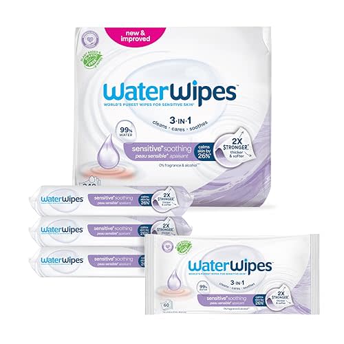 WaterWipes Sensitive+ Soothing Wipes, 3-In-1 Cleans, Cares, Soothes, 99% Water with Botanical Extract, Unscented & Hypoallergenic Baby Wipes, 360 Count (6 Packs)