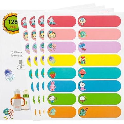 Name Labels for Kids Stuff, Waterproof Daycare Labels for Baby Bottles, 128 PCS Water Bottle Label, Name Tags Stickers for School Supplies, Daycare Essentials, Self-Laminating, Dishwasher Safe