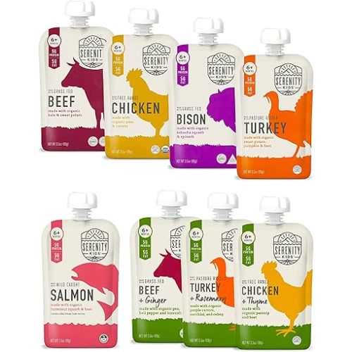 Serenity Kids Protein Sampler Baby Food Pouch Bundle: Free-Range Chicken & Turkey, Grass-Fed, Regenerative Beef & Bison, Wild-Caught Salmon Bundle, 20 Count, 5g Protein, 6+ Months, On-the-Go Snacks