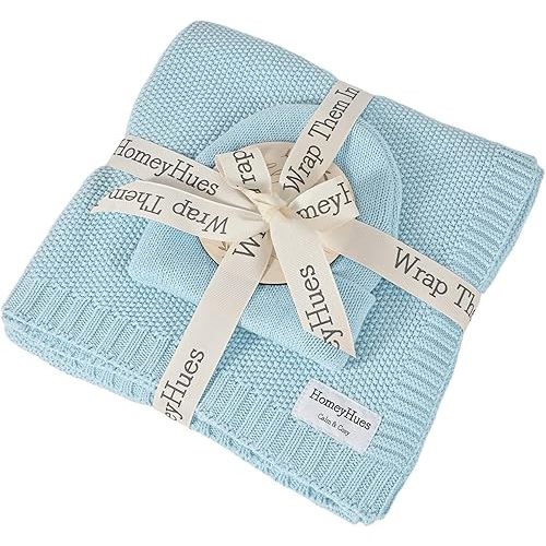 Luxury Baby Gift Set for Newborns - 100% Cotton Knit Blanket Essentials with Matching Beanie, Thoughtful Baby Shower & New Baby Gift for Boys & Girls(Angel Blue)