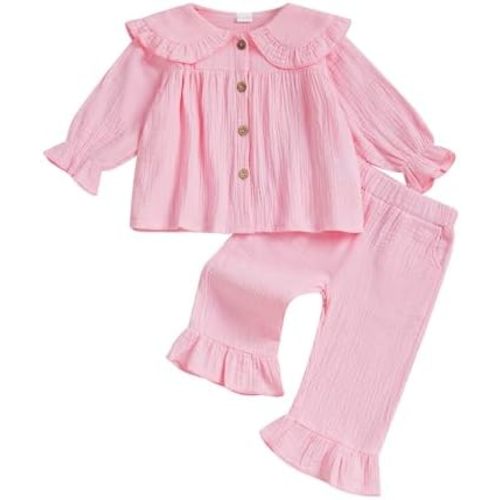 MAINESAKA Toddler Baby Girl Pajamas Cotton Linen Lounge Set Solid Color Button Down Shirt Flare Pajama Pants Sleepwear Outfit