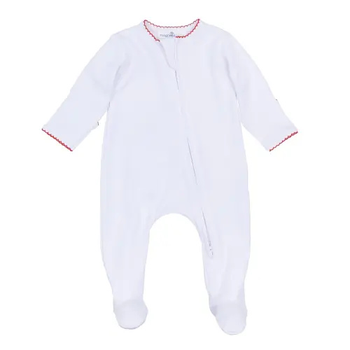 Magnolia Baby - Essentials White Zip Footie with Flap - Red Trim 6M
