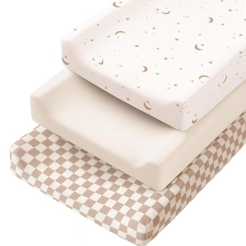 Konssy 3 Pack Stretchy Changing Pad Covers for Girl, Boy, Silky Soft Changing Table Cover, Breathable Baby Nursery Diaper Chang Pad Sheets (Coffee Check)