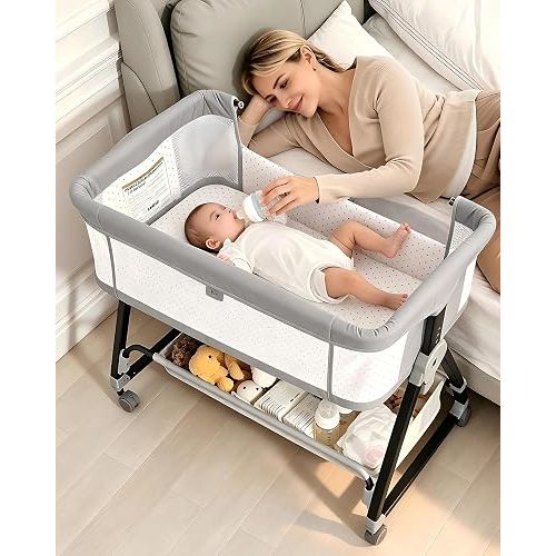 Baby Bassinets Bedside Sleeper with Wheels and Mattress, Cosleeping Baby Bed with Storage, Co-Sleeper Bassinet Attach to Bed, Bed Side Crib with Breathable Mesh, Height Adjustable(Gray)