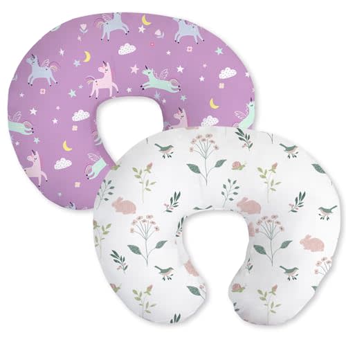 Little Grape Land Nursing Pillow Covers 2 Pack, Soft & Breathable Removable Breastfeeding Pillows Covers for Feeding Pillows, Nursing Pillow Slipcover for Baby Girls Boys, (Unicorn & Bunny)