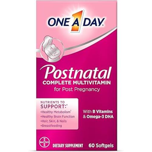 ONE A DAY Postnatal Complete Multivitamin for Post-Pregnancy with Folic Acid and Omega-3 DHA, 60 Count (Packaging May Vary)