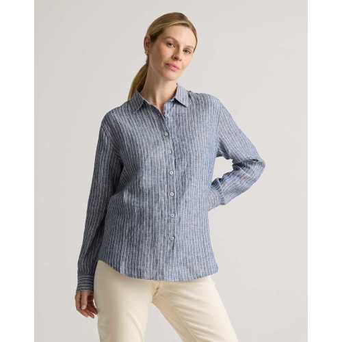 100% European Linen Maternity Long Sleeve Shirt in Chambray Stripe