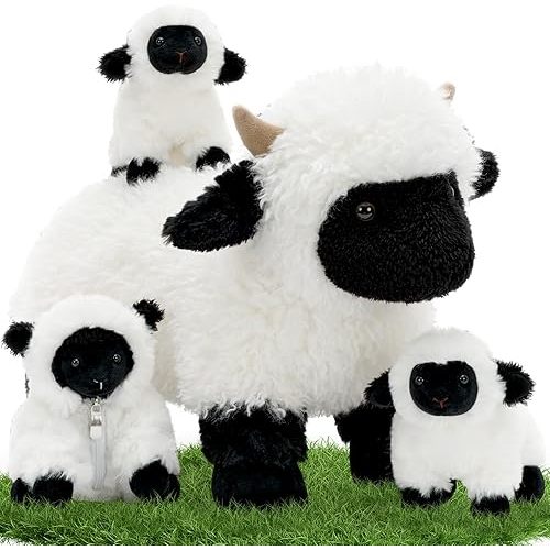 Tezituor 4Pcs Valais Blacknose Sheep Stuffed Animals Set, 18 Inch Large Mommy Stuffed Sheep Plush with 3 Cute Lamb Babies, Realistic Lamb Plushies Gift for Girls Boys Easter Birthday Decor