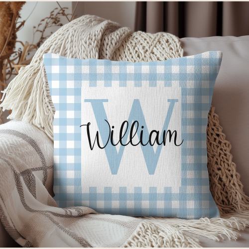 Blue Gingham Custom Name Pillow, Blue Nursery Decor, Gift for Nursery, Boy Baby Gift, Personalized Gift, Monogram Pillow, Vintage Nursery