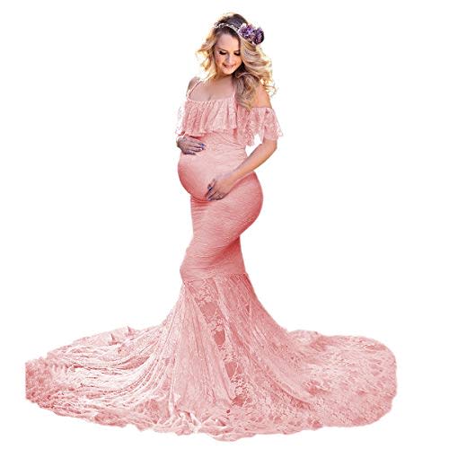 Women Lace Maternity Mermaid Gown Off Shoulder Ruffle Spaghetti Straps Fitted Photo Shoot Wedding Shower Dress