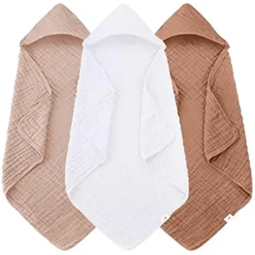 Sunny zzzZZ Muslin Hooded Baby Bath Towels - 3 Pack 100% Cotton Soft Low-Saturation Pastel Towels Including Classic White for Newborns, Infants, Toddlers - 32x32 Inch - Light Bean Paste and White