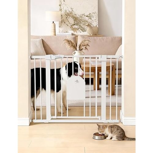 Babelio Auto Close Baby Gate with Cat Door,29-43" Metal Gate for Doorway,Stairs, House,Easy Walk Thru with Pet Door,Includes 4 Wall Cups and 3 Extension Pieces,White