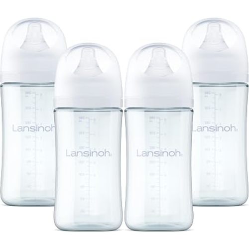 Lansinoh Anti-Colic Glass Baby Bottles, White Collar, 8 Ounces, 4 Count