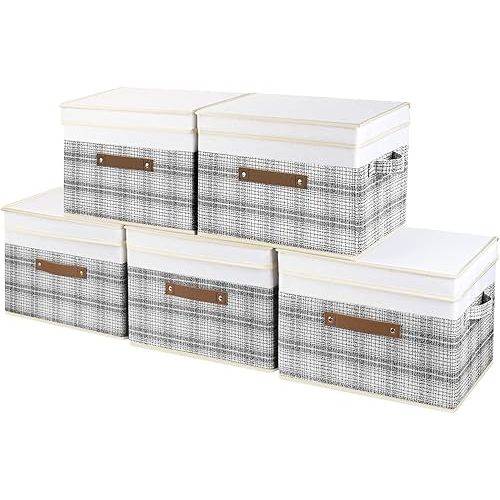 TYEERS Collapsible Storage Bins with Lids, Patchwork Design, Washable, Fabric Storage Boxes, 14.9x9.8x9.8 inches, 5 Pack, Gray