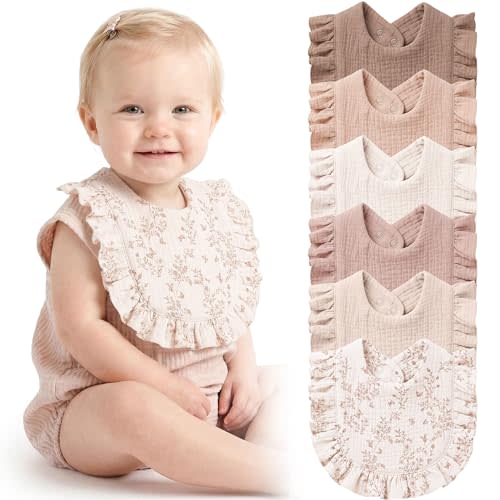 Konssy 6-Pack Muslin Baby Bibs for Girls, Soft 100% Cotton Drool Bibs with Ruffle Trim, Adjustable Infant Feeding Bibs