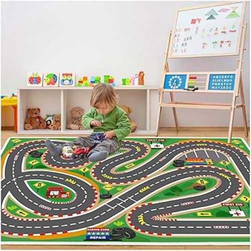 Kids Rug Playmat City Life Playroom Rug Toddler Activity Mat for Kids Toy Car Kids Carpet for Playroom Living Room Nursery Room Decor (Race-Green, 3.3x4.9ft)